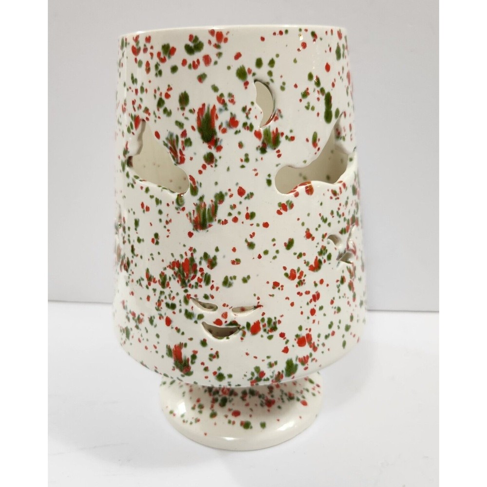 Vintage red white green Spatter Ceramic Candle Holder Face Cutout 9" tall